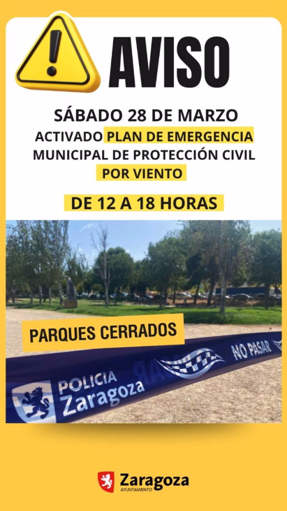 Zaragoza activará este sábado el Plan Municipal de Emergencias por fuertes rachas de viento